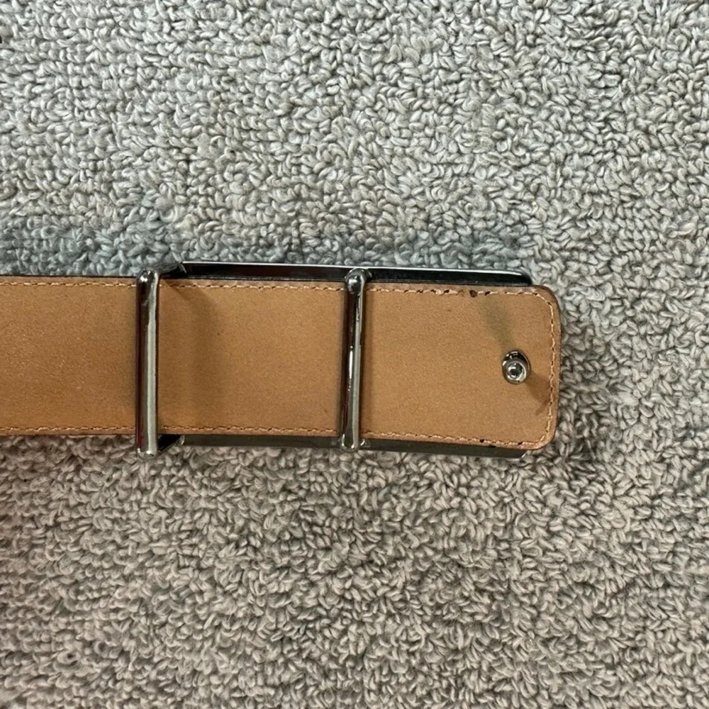 Mezlan Mens Black Leather Belt Silver Geometric Buckle Made in Spain Size 30